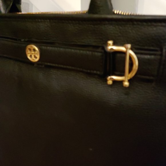 Tory Burch Jaden Horsebit Large Black Leather Zippered Tote Logo - Picture 4 of 11